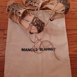 Manolo Blahnik Snakeskin Leather Wrap Sandal, 7.5